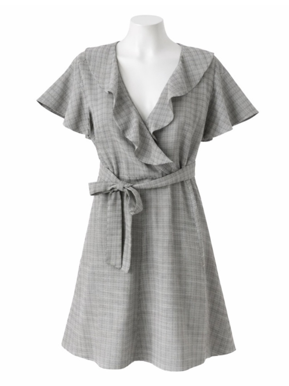 Size 6 DKNY Women’s Flutter‎ Sleeve Wrap Dress Grey Plaid Fit Flare Belted